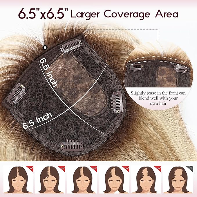 EMMOR 12 Inch Human Hair Topper for Women - Real Hair Topper with Bangs & 6.5" × 6.5" Larger Base, Natural Thin Hair Solution for Women(Ombre Blonde & Brown Highlight)