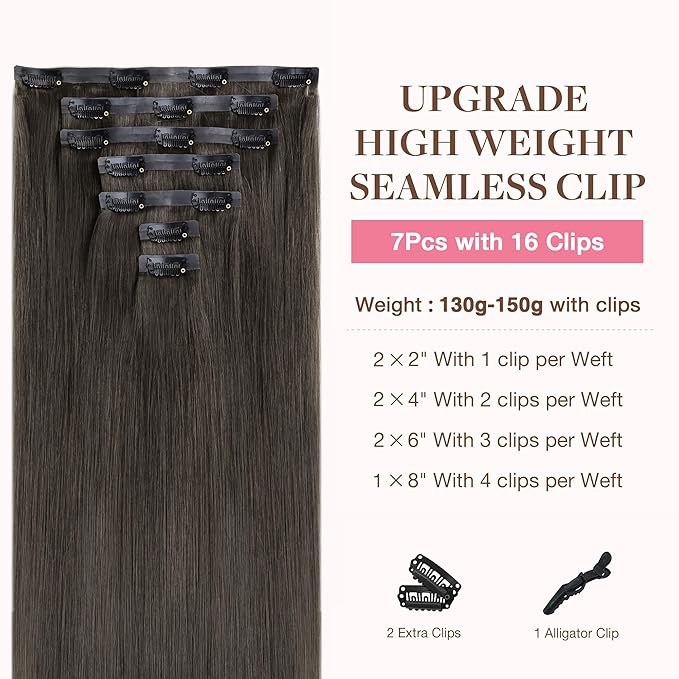 GOO GOO Clip in Hair Extensions Real Human Hair, Remy Human Hair Extensions Clip ins for Women, Natural Human Hair, 16inch 130g 7Pcs, 1C Mocha Brown