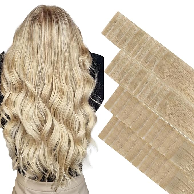 GOO GOO Invisi Edge Tape in Hair Extensions Human Hair, 18ET90A Natural Blonde Balayage 20pcs injected with 20pcs classical tape ins, 10inch 60g, Virgin Remy Hair, Natural Look