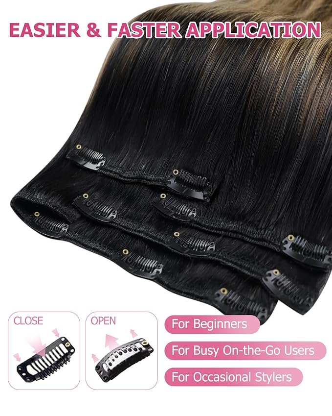 YoungSee Clip in Human Hair Extensions Black Ombre Human Hair Clip in Extensions Balayage Black to Blonde with Brown Hair Extensions Real Human Hair Clip ins Easy to Wear 120G 7Pcs 14Inch