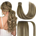 Ve Sunny Hair Extensions Ponytail Real Human Hair Wrap Around Clip in Ponytail Hair Extensions Straight Extensions Human Hair for Women Walnut Brown Ombre Light Brown Balayage Blonde 18inch 80G