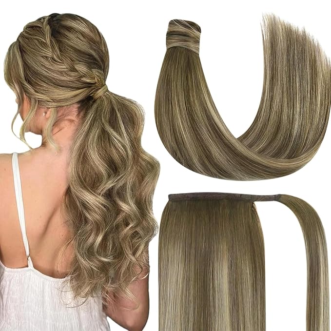 Ve Sunny Hair Extensions Ponytail Real Human Hair Wrap Around Clip in Ponytail Hair Extensions Straight Extensions Human Hair for Women Walnut Brown Ombre Light Brown Balayage Blonde 18inch 80G