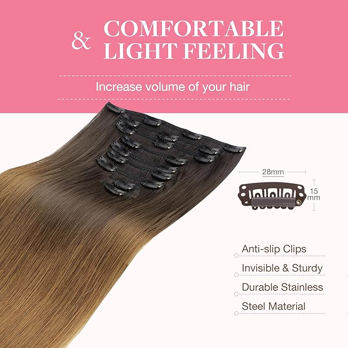 GOO GOO Clip in Hair Extensions Real Human Hair, Remy Human Hair Extensions Clip ins for Women, Natural Human Hair, 16inch 150g 9Pcs, 1D/2C/4E Chocolate Dip Color Melt