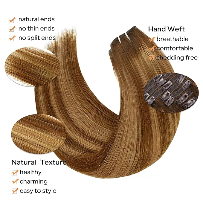 Straight Clip In Hair Extensions Real Human Hair 8Pcs Clip In Balayage Chocolate Brown to Caramel Blonde Human Hair Extensions with 18Clips Lace Weft 120g 16inch