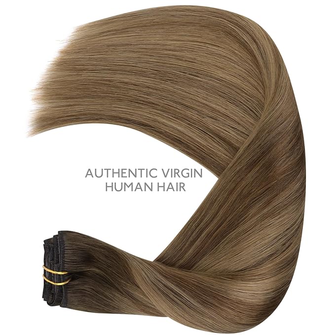 WENNALIFE Clip in Hair Extensions Real Human Hair, 20 Inch 120g 7pcs Human Hair Extensions Clip In Human Hair, Light Ash Brown to Warm Chocolate Highlighted Caramel Blonde Hair Extensions Clip In Real