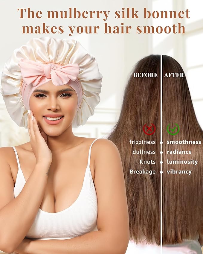 AWAYTR Silk Bonnet for Sleeping Women 100% Mulberry Silk Bonnet with Band 2 Layer Reversible Hair Bonnet Sleeping Hair Wrap (Pink/Beige)