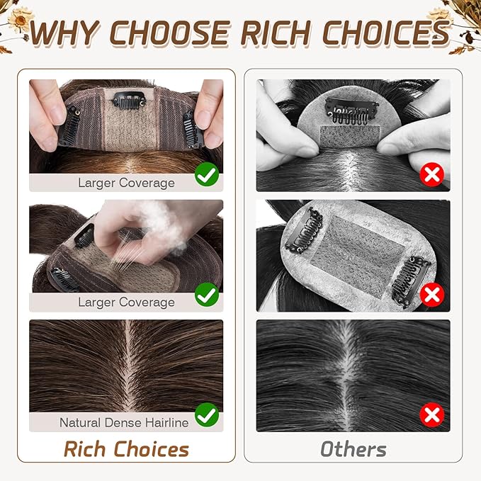 Rich Choices Real Human Hair Toppers for Women With Bang 100% Remy Human Hair Topper for Thinning Hair Clip in Silk Base Hair Topper 10 Inch #2 Dark Brown