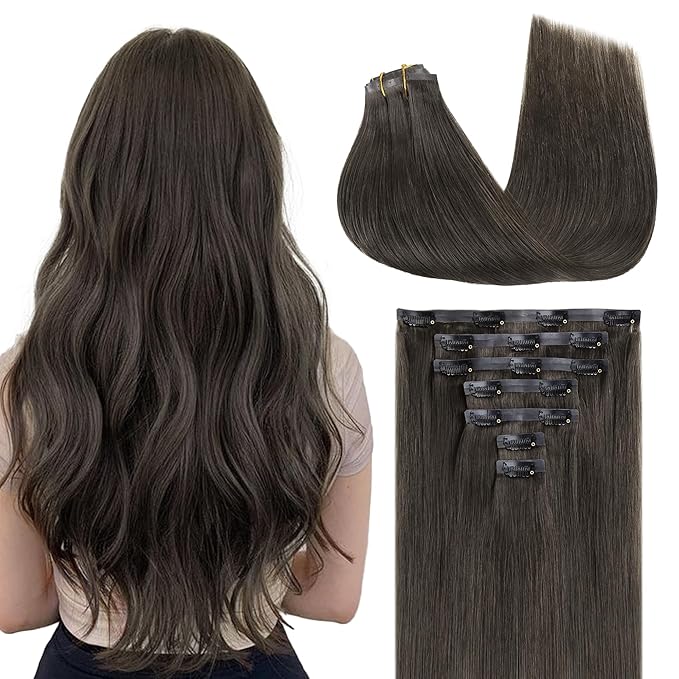 GOO GOO Clip in Hair Extensions Real Human Hair, Remy Human Hair Extensions Clip ins for Women, Natural Human Hair, 18inch 110g 7Pcs, 1C Mocha Brown