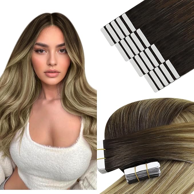 YoungSee Human Hair Tape in Extensions Balayage Tape in Hair Extensions Human Hair Dark Brown Ombre Blonde with Brown Tape-in Extension 16In 20pcs 50g Tapes Ins Human Hair Extension for Everyday Wear