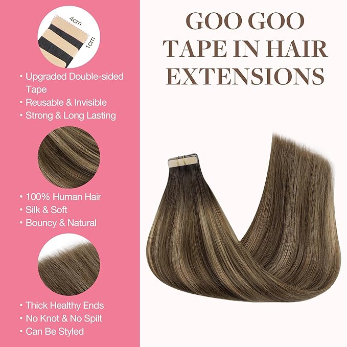 GOO GOO Tape in Hair Extensions Human Hair, 4D/14/5B Brunette Balayage, 14inch 25g 10pcs, Skin Weft Seamless Invisible, Silky Straight with Thick Ends, Remy Human Hair