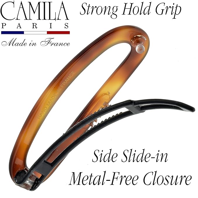 Camila Paris CP2249 French Hair Barrette Clip for Women, Handmade, Side Slide-in Metal-Free Closure Strong Hold Grip Hair Clips for Girls, No Slip Durable Styling Hair Accessories, Made in France