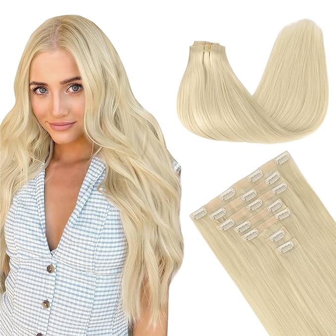 GOO GOO Clip in Hair Extensions Real Human Hair, Remy Human Hair Extensions Clip ins for Women, Natural Human Hair, 16inch 130g 7Pcs, 60A Platinum Blonde