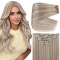 Full Shine Human Hair Clip in Extensions 24 Inch Ash Blonde Highlighted Platinum Blonde Long Thick Clip in Human Hair Extensions for Wedding 150 G 7 Pcs
