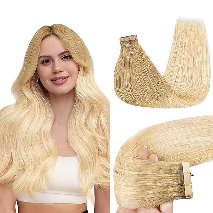 GOO GOO Tape in Hair Extensions Human Hair, O7/60F Ombre Ash Blonde with Frosted Highlights, 12inch 40g 20pcs, Skin Weft Seamless Invisible, Silky Straight with Thick Ends, Remy Human Hair