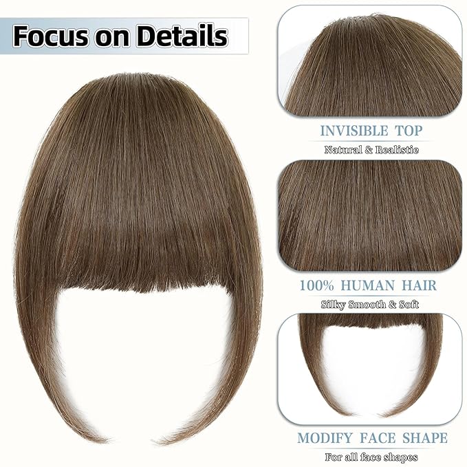 Clip In Bangs for Women, Brown French Bangs Hair Clip with Temples, 100% Real Human Hair Layered Curved Fringe for Halloween and Daily Use(Brown, French Bangs)