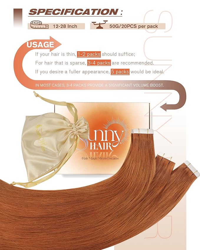 Sunny Hair Tape in Hair Extensions Real Human Hair Invisible Remy Hair Extensions Tape ins for Women Copper Red 16 inch 20Pcs 50G