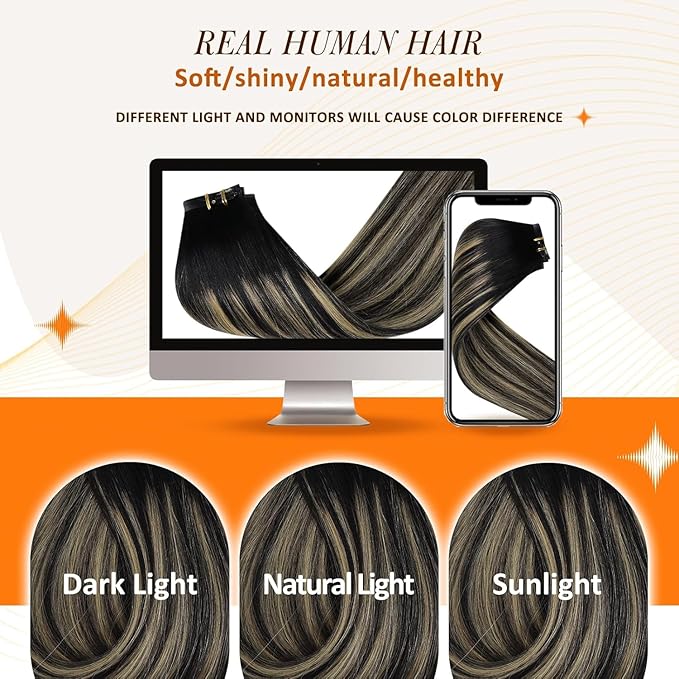 Full Shine Black Roots Hair Extensions Clip in Human Hair Ombre Black Mix Honey Blonde Seamless Hair Extension 22 Inch Clip in Invisible Hair Extension Add Volume for Long Natural Hair 120 G 8 Pcs