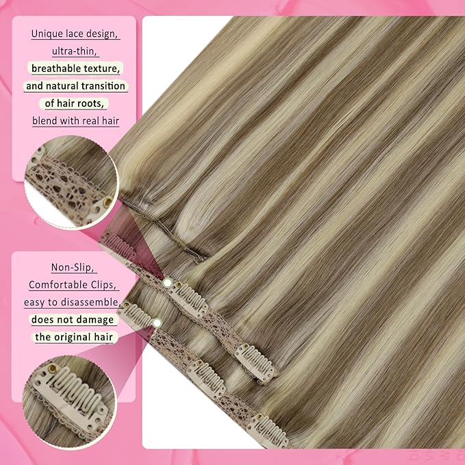 YoungSee Hair Extensions Clip ins Light Brown Clip in Extensions Highlight Clip on Hair Extensions Human Hair Light Brown with Blonde Highlights for Beginners 16Inch 7Pcs 120G