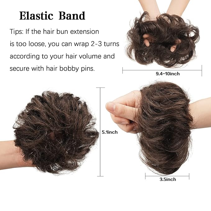 FESHFEN Human Messy Buns - 100% Human Hair Bun Real Scrunchies Hair Pieces Ponytail Extensions Wavy Tousled Updo Chignon Hairpieces for Women, Brown