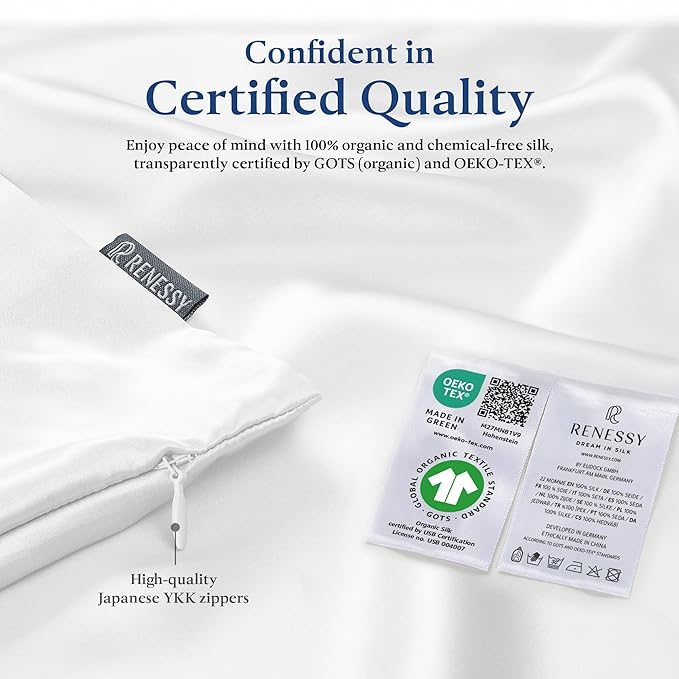 Premium Silk Pillowcase 100% Organic Mulberry Silk, 22 Momme, Grade 6A - Oeko-Tex Certified in Germany - Luxury for Hair & Skin, 1 Piece (King Size 20x36 Inches, White)