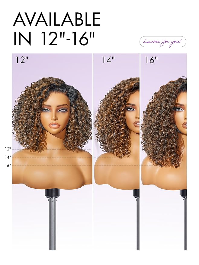 LUVME HAIR 100% Human Hair Wigs Curly Deep Wave Glueless Lace Front 14 Inches Pre Cut Plucked Hd Lace Short Wig Ready To Go Highlight Color Straight Bleached Knots Side Part Black Wigs