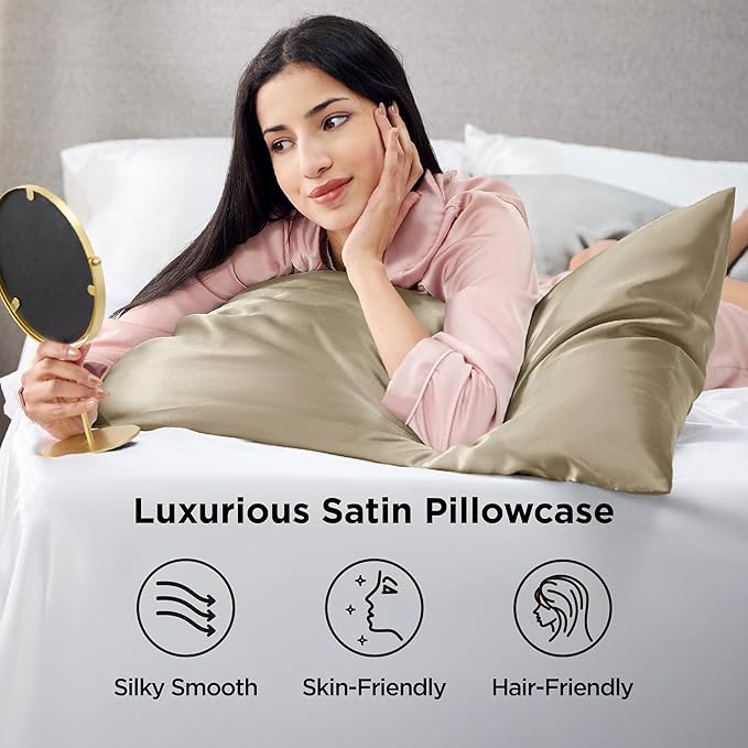 Bedsure Satin Pillowcases, Similar to Silk Pillow Cases Queen Size Set of 2, Pillow Case for Sleeping Women with Envelope Closure, Gifts for Women Men, Khaki, 20x30 Inches, 2pcs