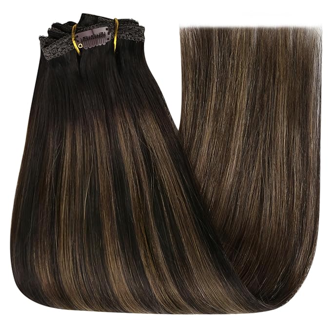 YoungSee 135G Clip in Hair Extensions Human Hair Brown Balayage Clip in Extensions Real Human Hair Dark Brown Mix Medium Brown Hair Extension Clip ins for Women 18Inch 7Pcs