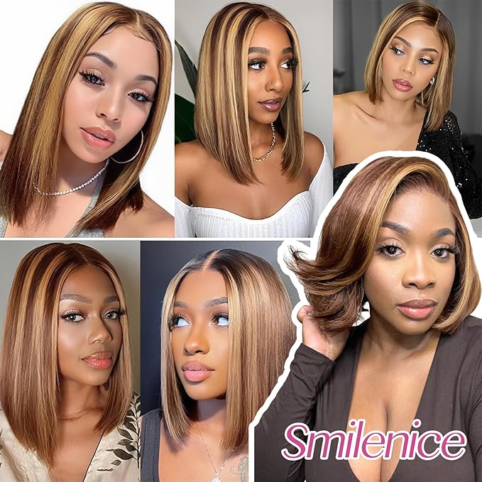 210% Density 13x6 Highlight Ombre Full Lace Frontal Bob Wig Human Hair 12A Brazilian Virgin Human Hair Pre Plucked 4/27 Honey Blonde HD Transparent Lace Glueless Wigs Human Hair 14 Inch