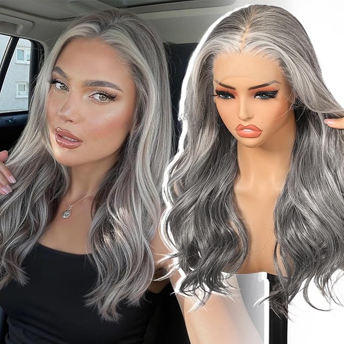 Grey Synthetic Lace Front Wig,13×6 Curly Glueless Wigs for Women Daily Use 22IN（#2/60HL）
