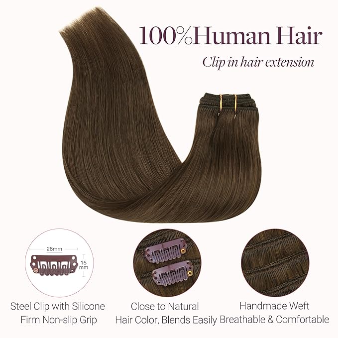 GOO GOO Clip in Hair Extensions Real Human Hair, Remy Human Hair Extensions Clip ins for Women, Natural Human Hair, 16inch 120g 7 Pcs, #4H Light Chocolate Brown
