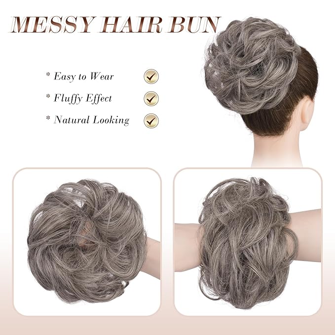 FESHFEN Messy Bun Hair Piece - Large Elastic Wavy Curly Hair Bun Scrunchies Ponytail Extensions Synthetic Chignon Hairpieces for Women, Salt and Pepper 1.94oz