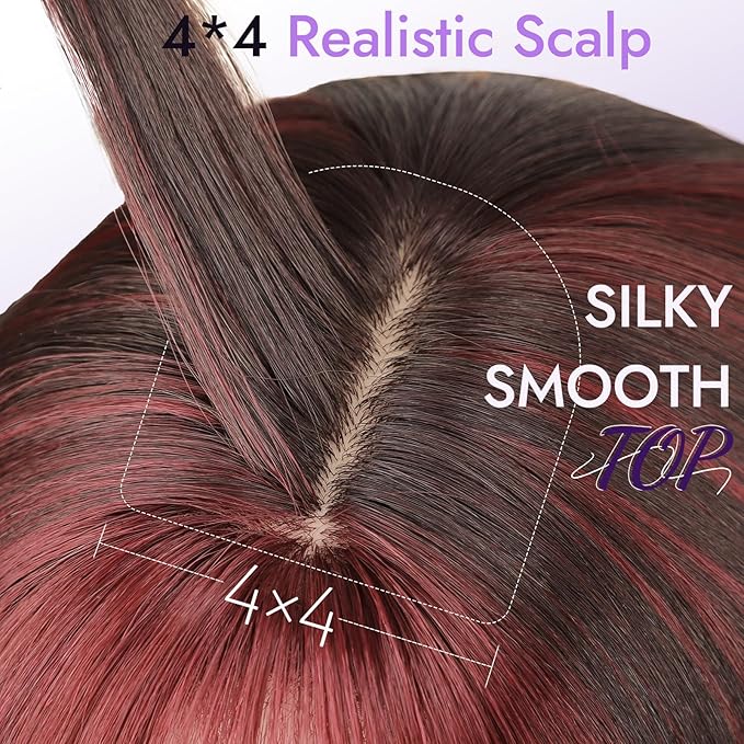 Wig with Bangs for Women Wine Red Brown Mix Straight Face-Framing Layers Hairstyle 4x4 Realistic Scalp Glueless Synthetic Wigs Medium Length for Everyday Use