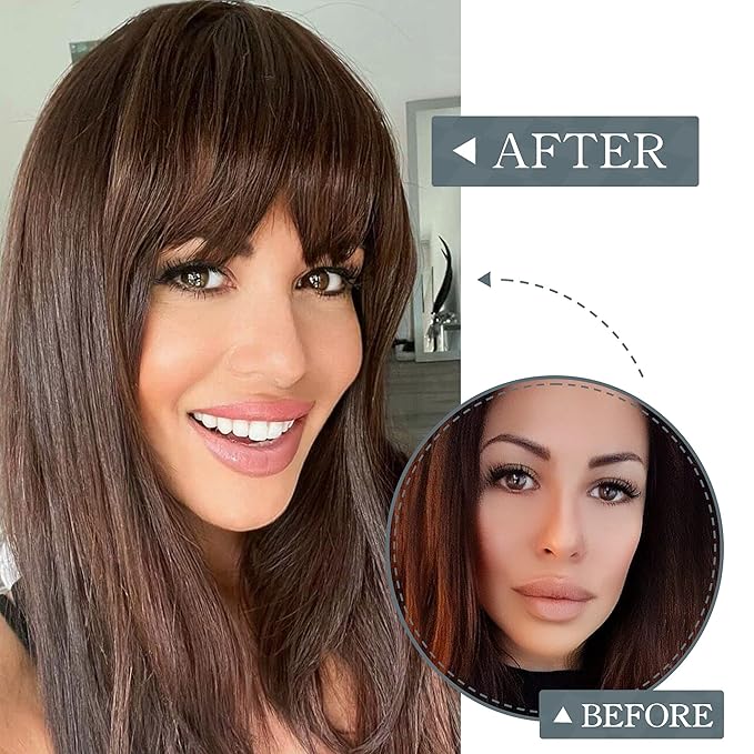 BARSDAR Clip in Human Hair Bangs - 100% Real Human Hair Clip in Bangs for Women - Dark Brown French Bangs Fringe with Temples Real Hair Bangs Extensions Hairpieces - Dark Brown