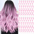 16 Pcs Colored Hair Extensions Curly Wavy Clip in Synthetic Hairpiece Streak for Girls Women Kids, Multi-colors Party Highlights Cosplay Festival Gift(Light Pink)