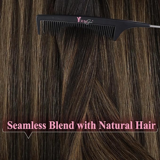 YoungSee Tape in Hair Extensions Real Human Hair Dark Brown Tape in Hair Extensions Balayage Dark Brown with Ash Brown Tapein Hair Extension Human Hair Long Hair 24In 20pcs 50g for Wedding