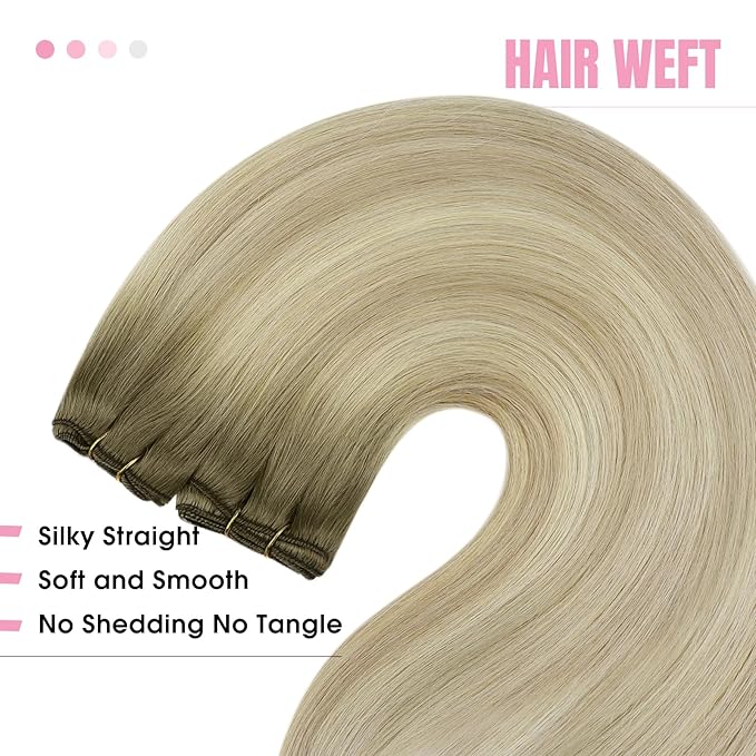 YoungSee Hair Extensions Weft Ash Blonde Sew in Hair Extensions Balayage Ash Blonde Mix Platinum Blond Weft Hair Extensions Human Hair Soft and Silky Straight Hair 20Inch 100G