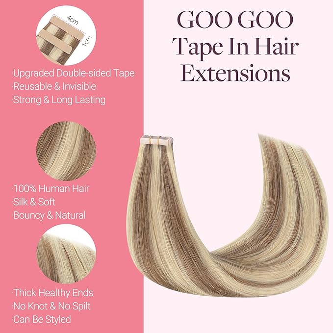 GOO GOO Tape in Hair Extensions Human Hair, 8B/60B Golden Blonde Highlights, 20inch 50g 20pcs, Skin Weft Seamless Invisible, Silky Straight with Thick Ends, Remy Human Hair