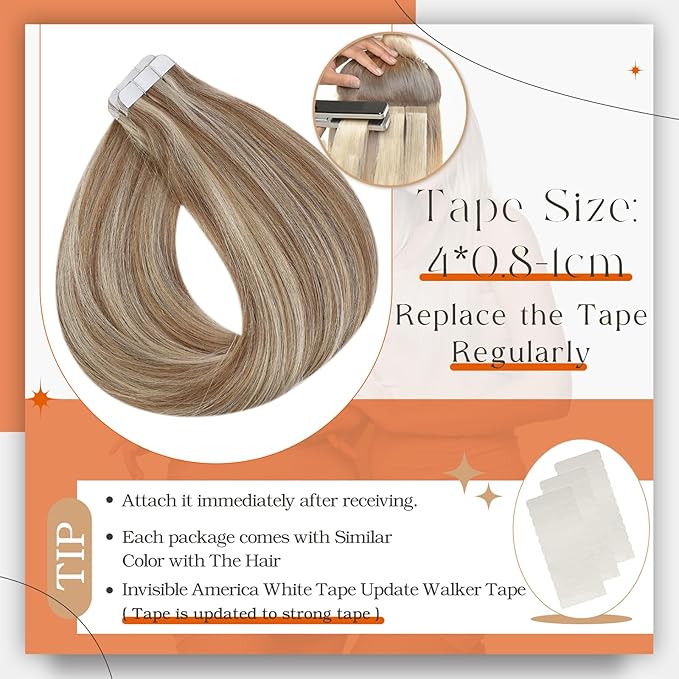 Full Shine Tape in Hair Extensions 14Inch Seamless Skin Weft Tape Hair Extensions Real Human Hair 10 Golden Brown Highlighted 613 Bleach Blonde Human Hair Extension Straight Hair 50G 20Pcs for Women
