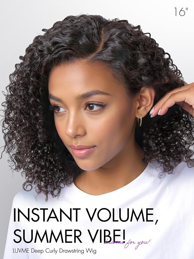 LUVME HAIR 100% Real Human Hair Wig Lace Frontal Deep Curly 16 inches Drawstring Cap Glueless HD Lace Wigs Human Hair Pre Plucked Pre Cut, Curly Wig Human Hair Ready to Go Wig