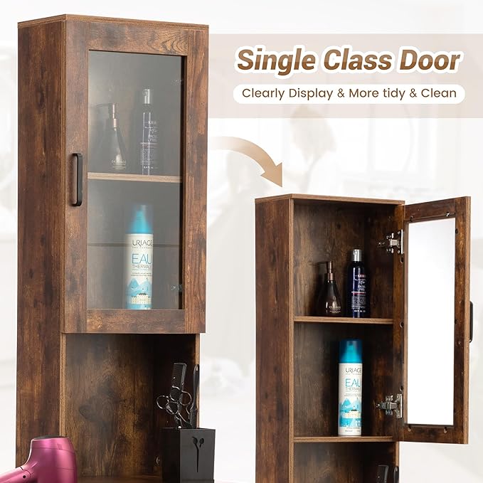 Salon Station for Hair Stylist,Hair Styling Storage Cabinet with Glass Door,Tool Dryer Holders, Salon Beauty Spa Barber Hair Staion,Rustic Brown