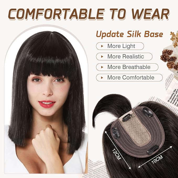 Rich Choices Real Human Hair Toppers for Women With Bang 100% Remy Human Hair Topper for Thinning Hair Clip in Silk Base Hair Topper 14 Inch #1B Natural Black