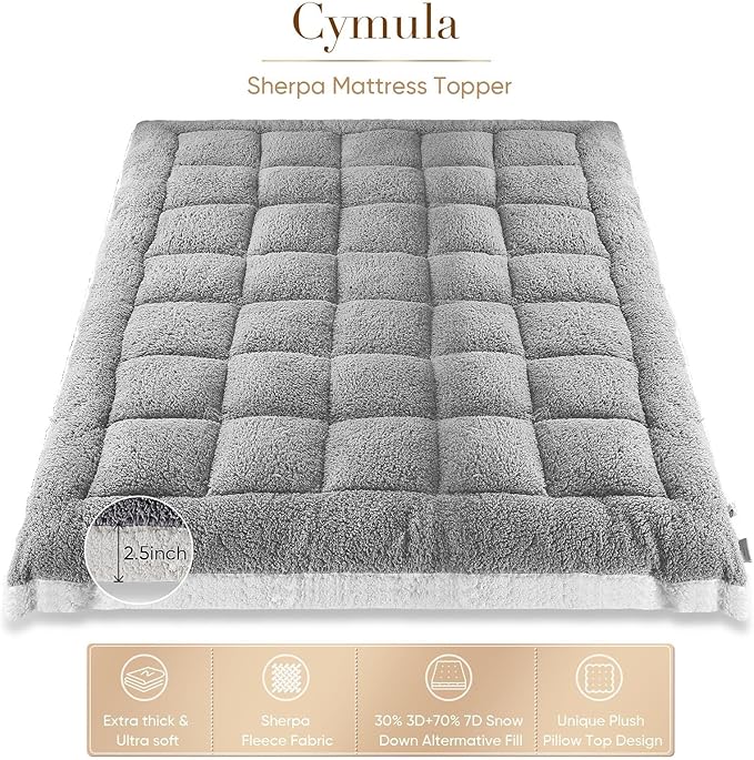 Cymula California King Mattress Topper, Sherpa Mattress Pad for Cal King Bed with 900GSM Down for Back Pain Extra Thick Mattress Cover Pillow Top with 8-21" Pockets, Grey