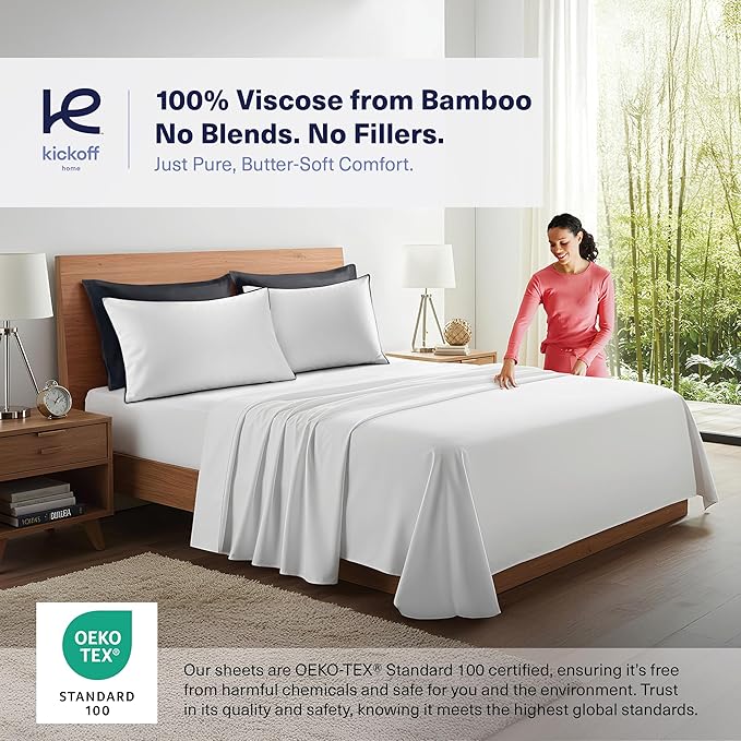 Kickoff Viscose Bamboo Pillowcase, King, Set of 2, 100% Organic Hidden Zippered Viscose Bamboo Pillow Case King Size, Cooling Pillow Cover for Hot Sleepers (20"x40", Trimmed, Onyx Black)