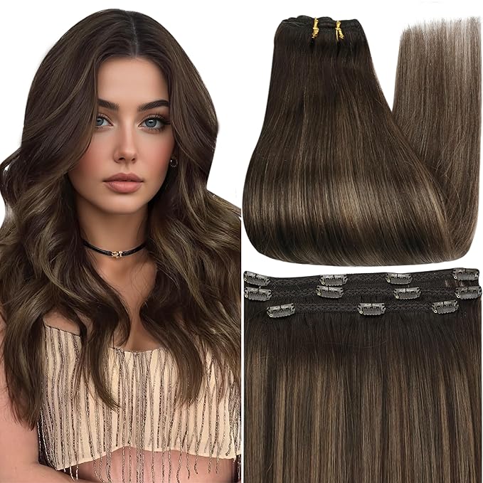 Full Shine Dark Brown Clip in Hair Extensions Real Human Hair 3 Pcs 60 G Ombre Hair Extensions Clip ins Dark Brown Balayage Invisible Human Hair for Women 16 Inch