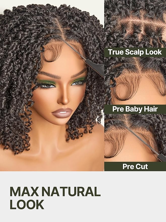 Frodio Veralux Fiber 12'' Synthetic 11X4 Lace Frontal Wig 200% Density Micro Twist Curly Wigs 11X4 Closure HD Lace Dreadlock Wig Glueless Wigs Natural Black Ready to Go Wig for Women