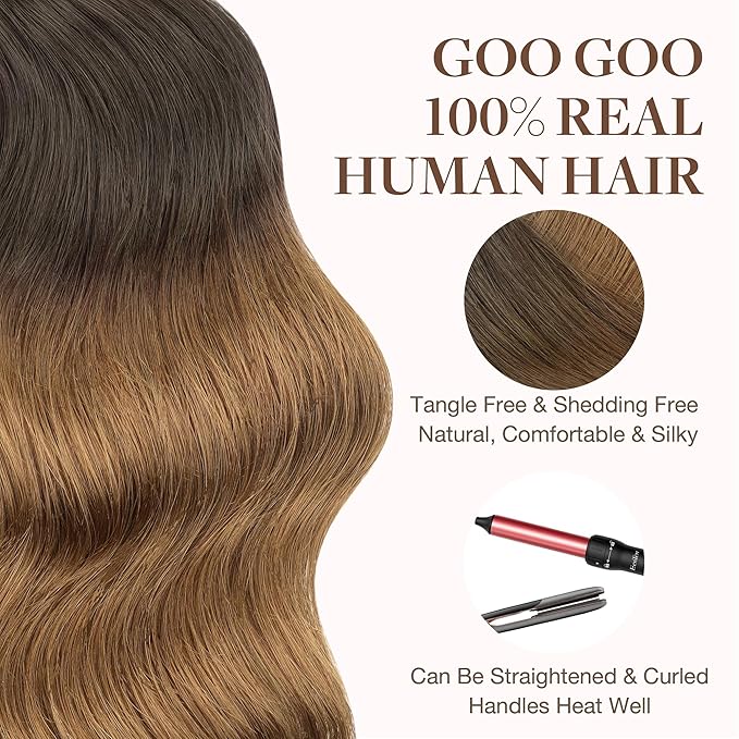 GOO GOO Tape in Hair Extensions Human Hair, 1D/2C/4E Chocolate Dip Color Melt, 12inch 80g 40pcs, Skin Weft Seamless Invisible, Silky Straight with Thick Ends, Remy Human Hair