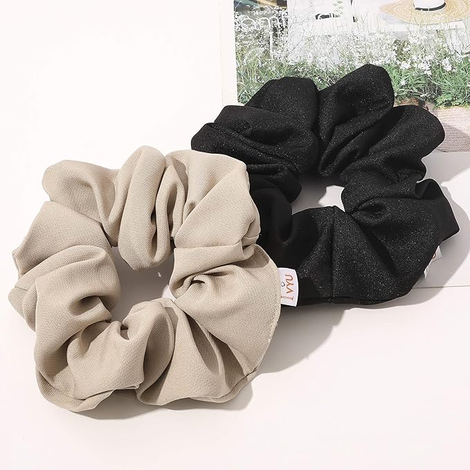 Ivyu Scrunchies Hair Ties, Big Large Scrunchie for Girls Women, Cute Hairties Jumbo Scrunchy For Thick Curl Hair No Crease Hair Accessories Soft Ropes Ponytail Holder, 4 Count, Black, Brown, Beige