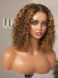 LUVME HAIR 5X5 Deep Curly 12 Inch 100% Human Hair Wigs Curly Deep Wave Glueless Lace Front 12 Inches, Pre Cut Plucked Hd Lace Short Wig Ready To Go Mix Brown Color Straight Bleached Knots Black Wigs