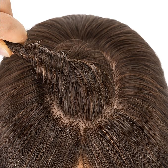 Hairro Human Hair Toppers Free Parted, 3.5x4.7" Base Hand-wovened 100% Real Hairpieces, with Invisible Clips-in for Women, for High Hairline/Adding Volume on Top, 10 Inch Dark Brown