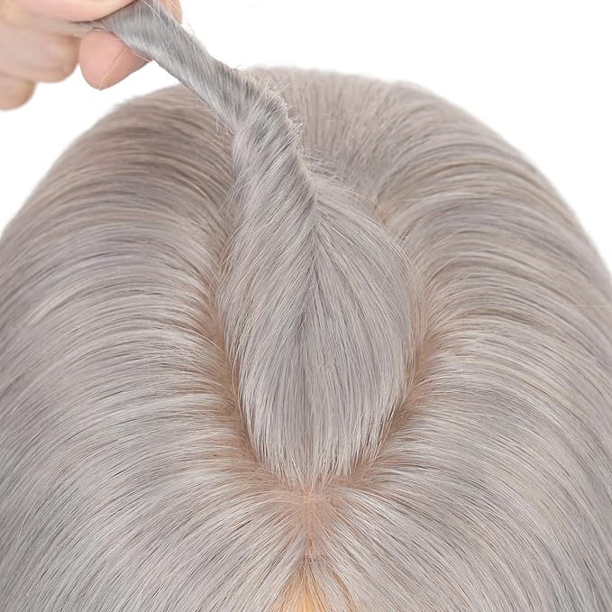 Hairro Human Hair Toppers Free Parted, 3.5x4.7" Base Hand-wovened 100% Real Hairpieces, with Invisible Clips-in for Women, for High Hairline/Adding Volume on Top, 16 Inch Grey
